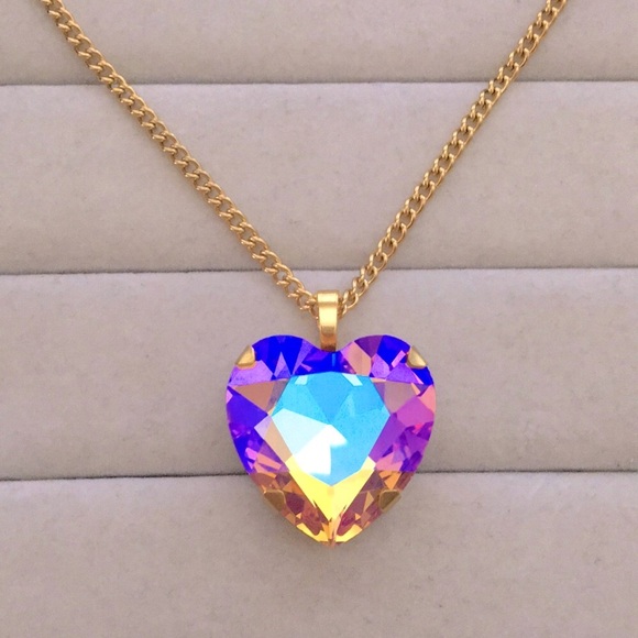 Jewelry - Iridescent Topaz Pink Rose Aurora Borealis + Gold Crystal Heart Drop Necklace